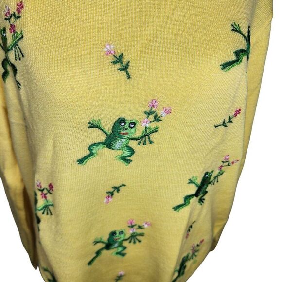 Vintage 80s Tree Frog Embroidered Sweater Womens Size L Yellow Novelty - Picture 2 of 7
